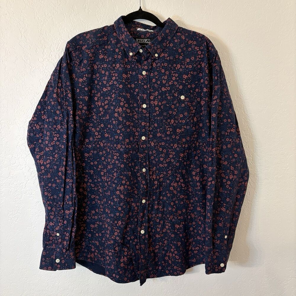 Ezekiel Men's Floral Long Sleeve Button Down Shirt Size L Navy Red Ditsy Print